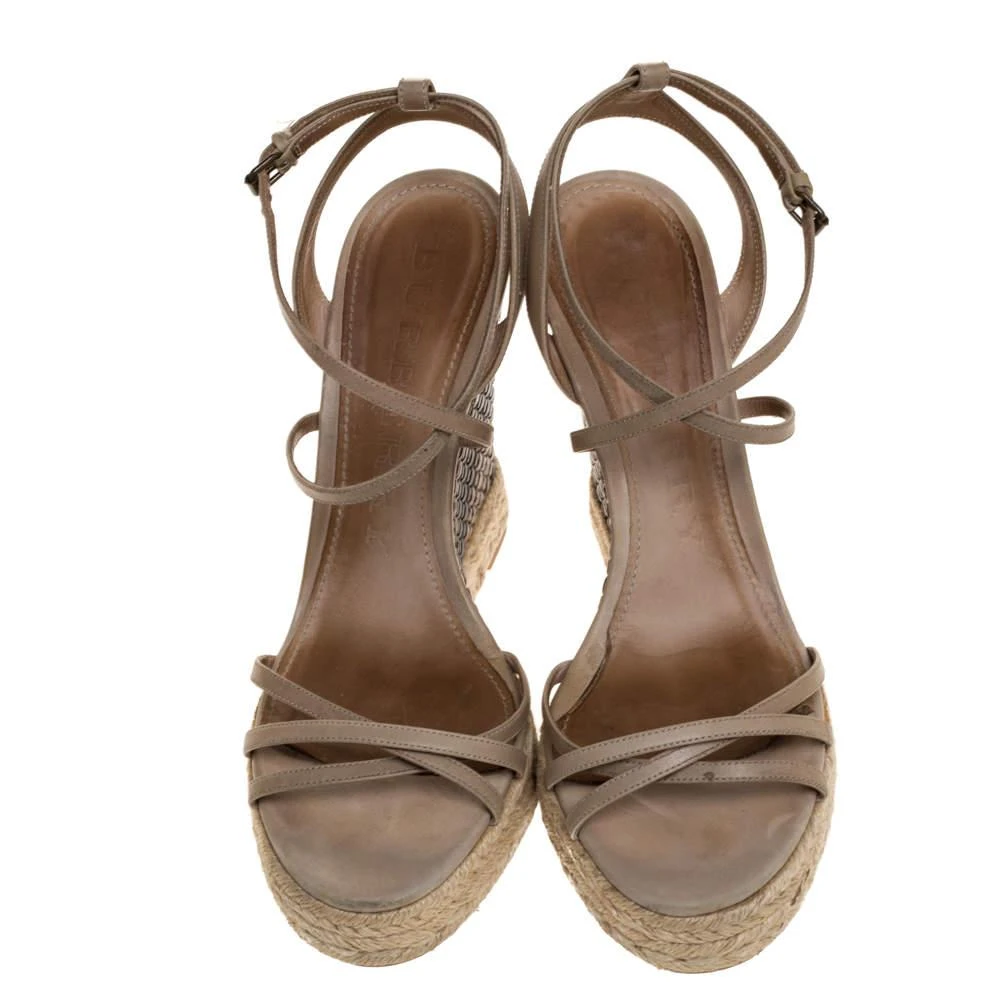 Burberry Burberry Pale Green Strappy Leather Woven Wedge Espadrille Sandals Size 39 3