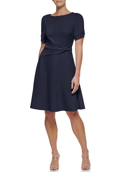 DKNY Womens Short Sleeve Crepe Side Knot Fit Flare Dress 1