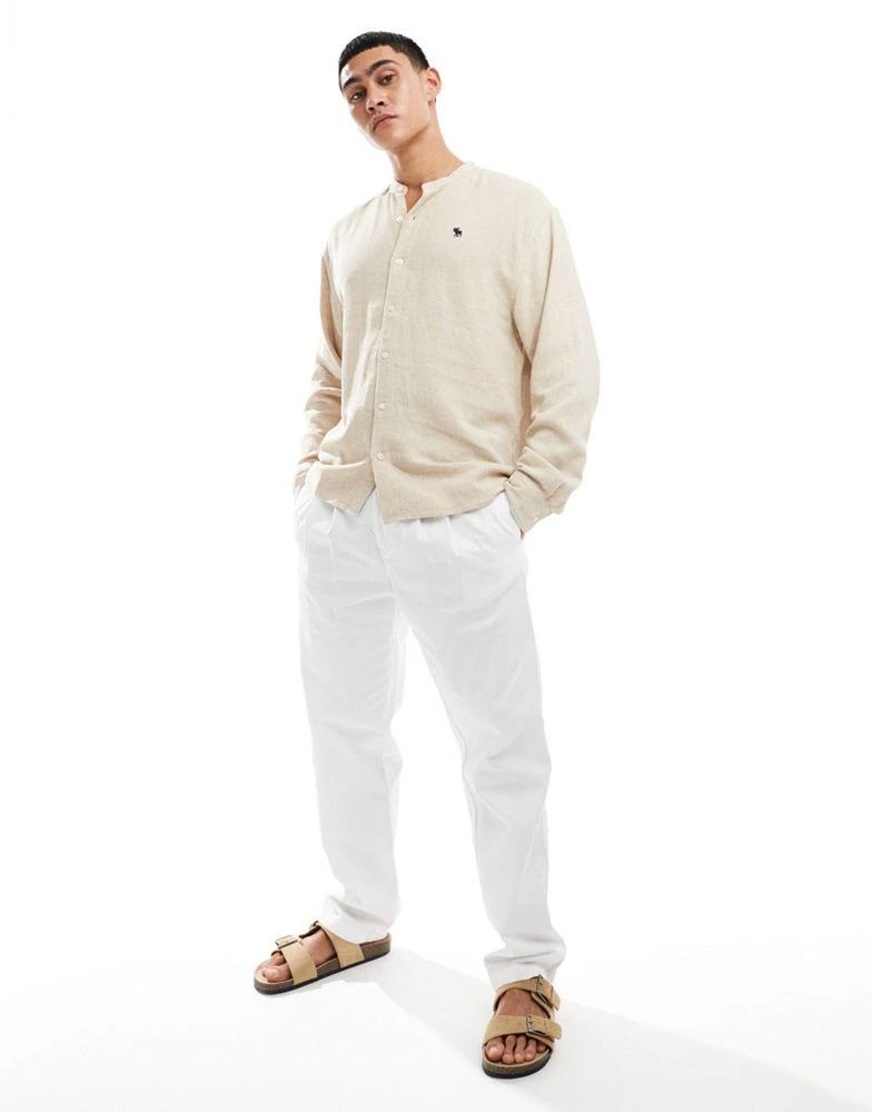 Abercrombie & Fitch Abercrombie & Fitch chic moose logo banded collar linen shirt in beige 1