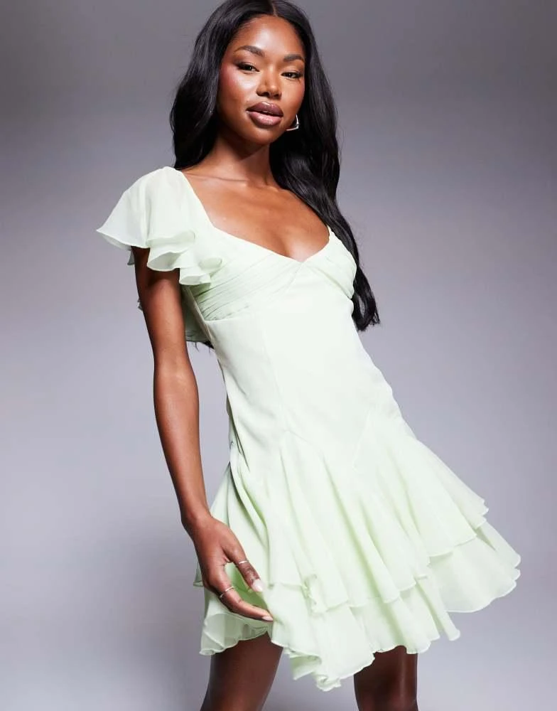 ASOS Design dropped waist full skirt mini dress in sage green ASOS Design dropped waist full skirt mini dress in sage green