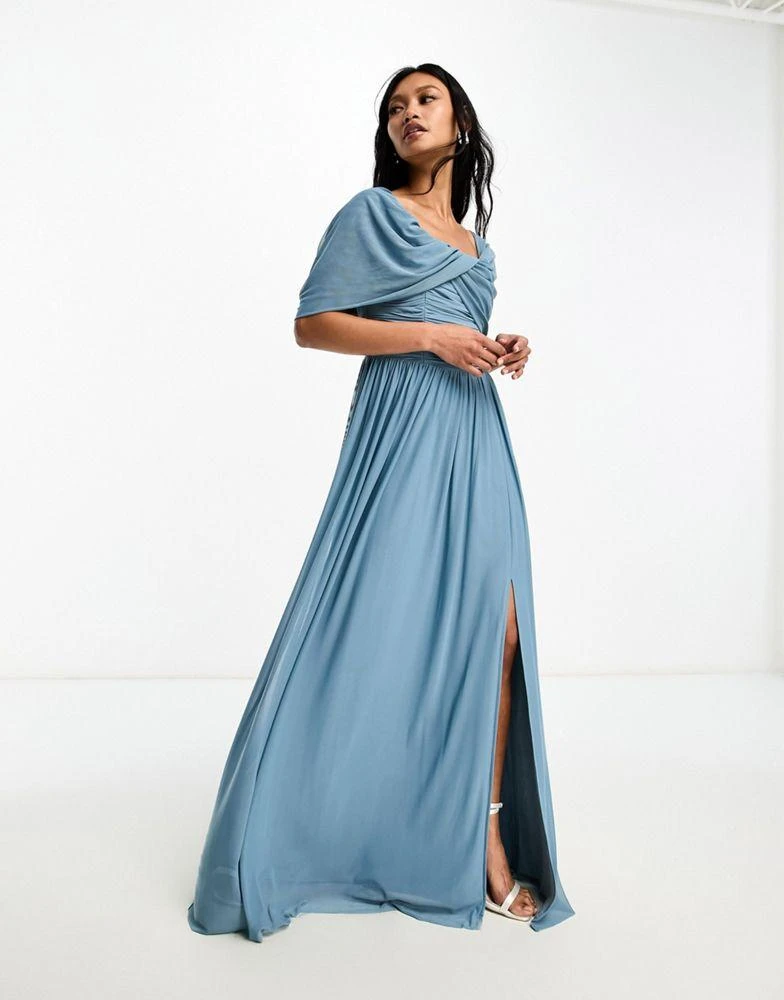 Little Mistress Little Mistress Bridesmaids bardot gathered maxi dress in mesh in blue 1