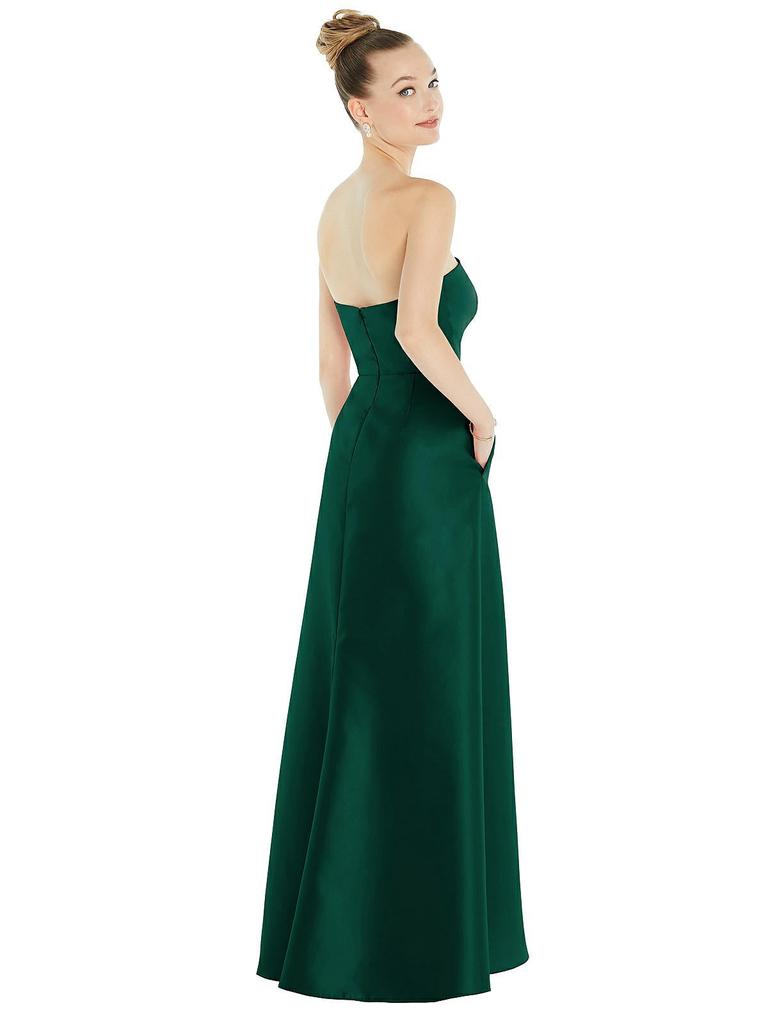 Alfred Sung Strapless Satin Gown with Draped Front Slit and Pockets