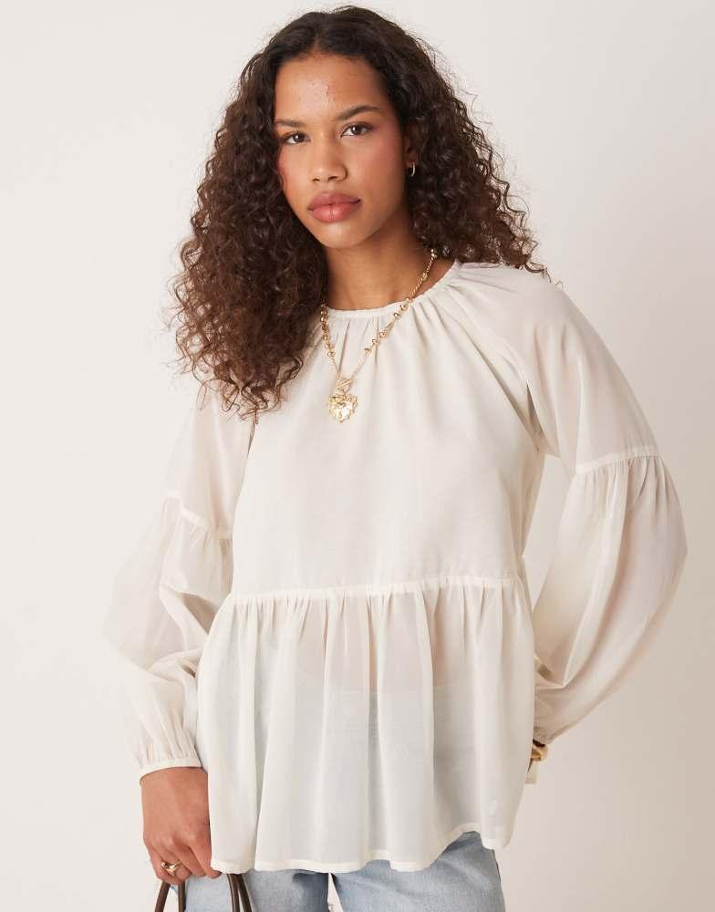 ASOS ASOS DESIGN long sleeve floaty smock top in cream