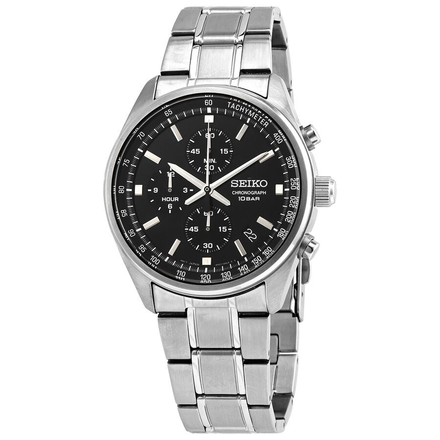 SEIKO クォーツ腕時計 ブラック Seiko Men's Solar Chronograph Black Stainless Steel Alarm 43mm