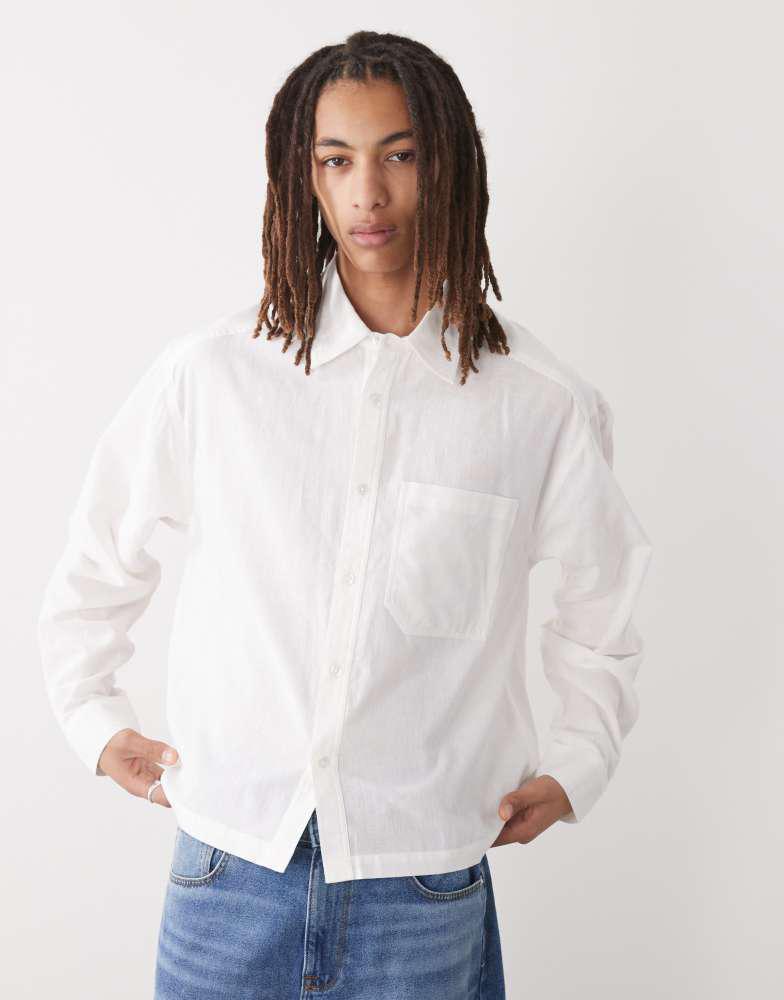 COLLUSION COLLUSION boxy linen look short sleeve shirt in white