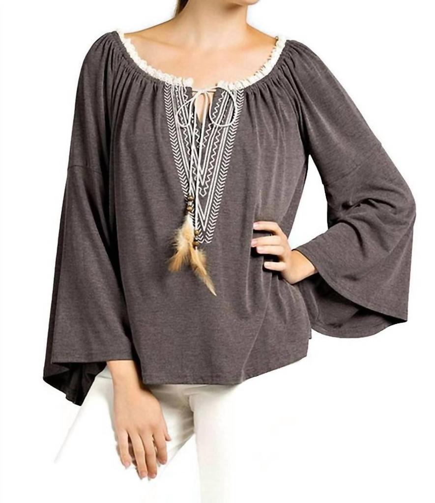 Kori Kori - Embroidered Bell Sleeve Knit Top