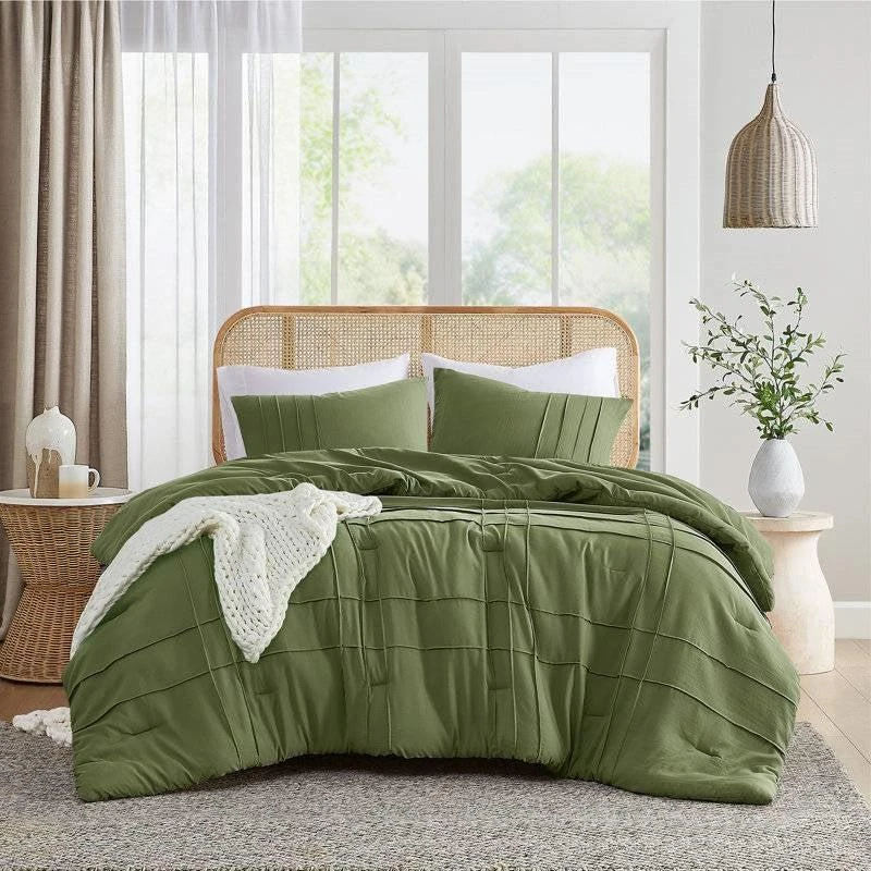 Hivvago Twin/Twin XL Microfiber Pleated Soft Lightweight Comforter Set in Olive Green