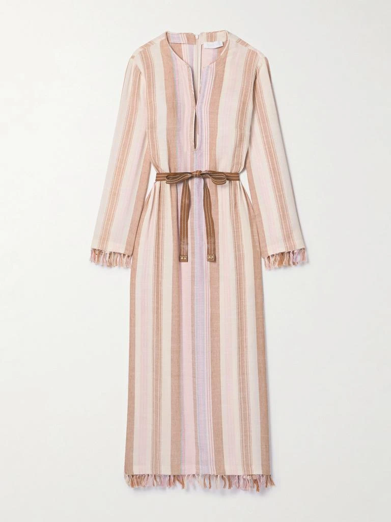 Lucky Belted Tasseled Striped Voile Midi Dress - Beige