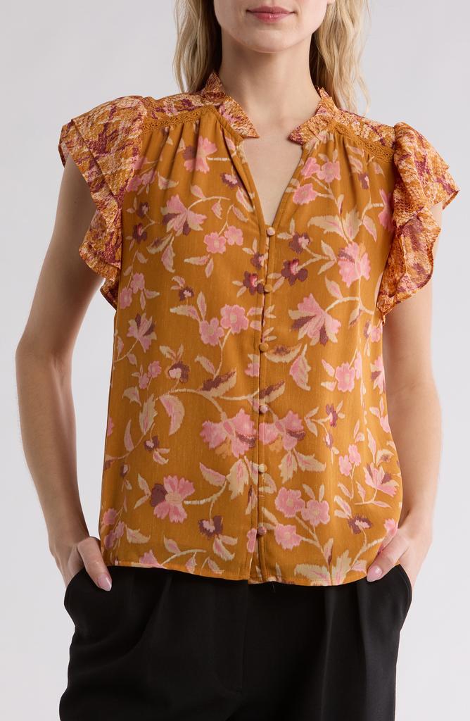 DR2 by Daniel Rainn Mixed Print Double Ruffle Button-Up Shirt