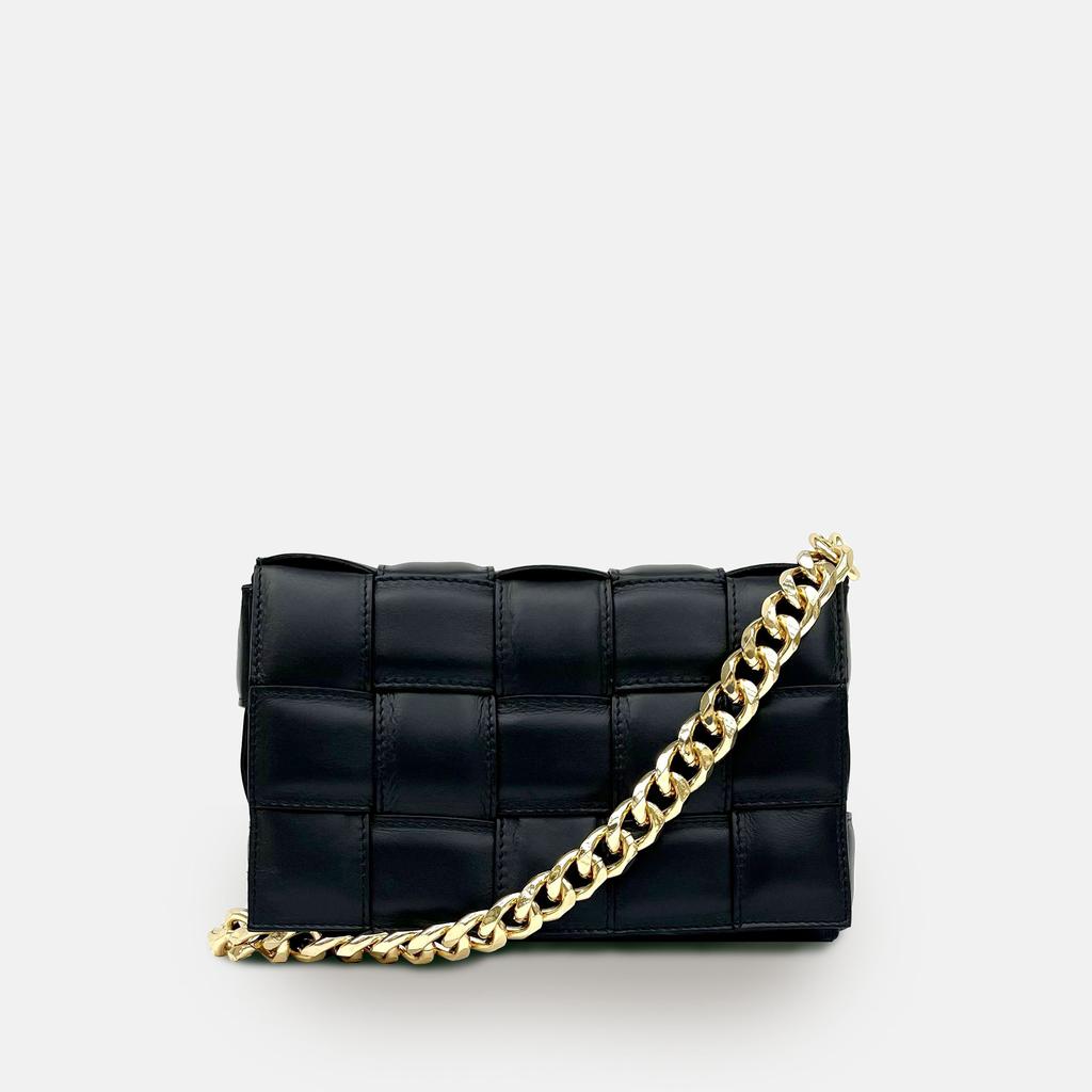 Apatchy London Black Padded Woven Leather Crossbody Bag With Gold Chain Strap