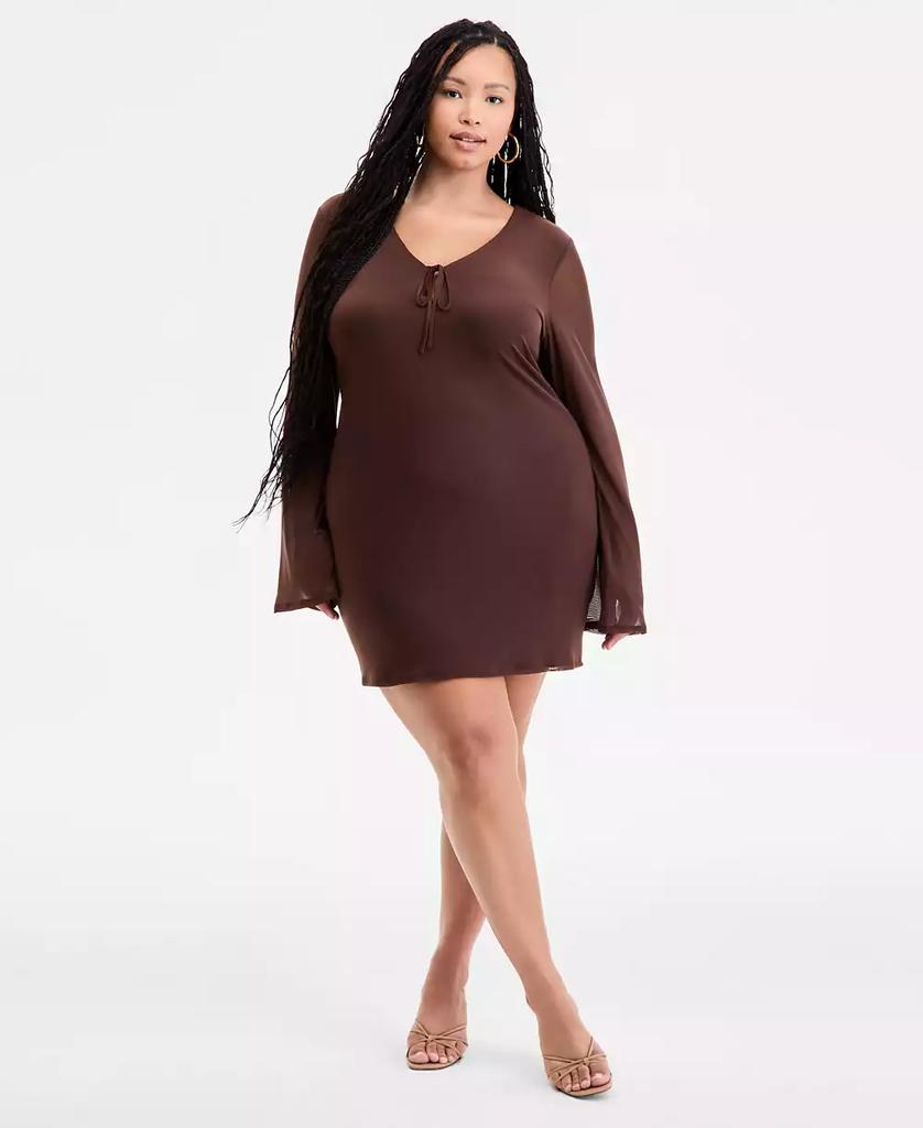 Bar III Plus Size Long-Sleeve Solid-Mesh Mini Dress, Exclusively at Macy's