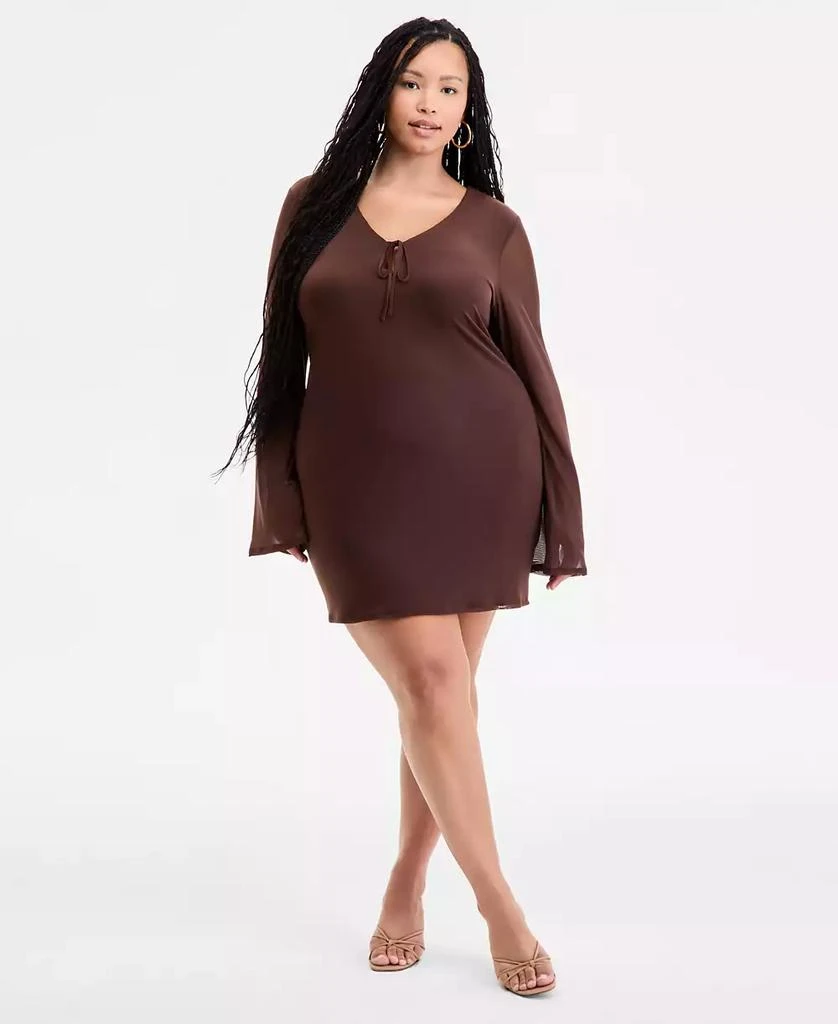 Bar III Plus Size Long-Sleeve Solid-Mesh Mini Dress, Exclusively at Macy's 1
