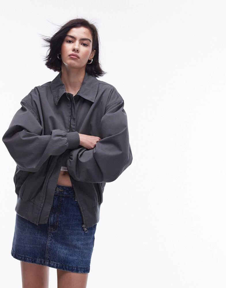 Topshop Topshop oversized washed cotton bomber jacket in charcoal 2