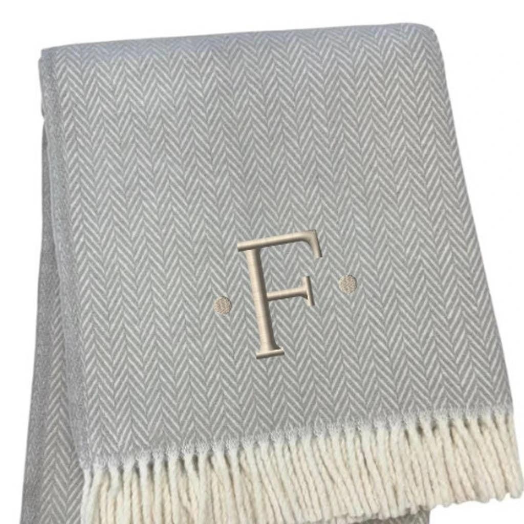 Hivvago 55" X 70" Gray And White Herringbone Cotton Blend F Initial Throw Blanket with Tassels And Embroidery 5