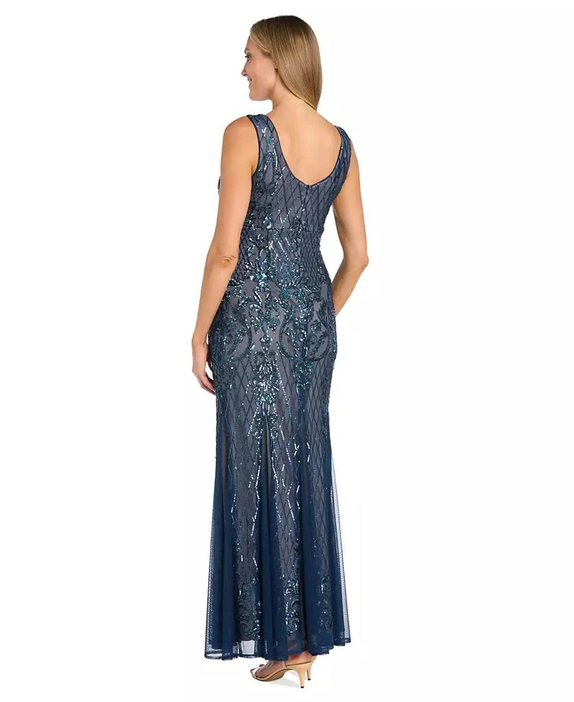 R & M Richards Women's Beaded Godet-Mesh V-Neck Gown 4