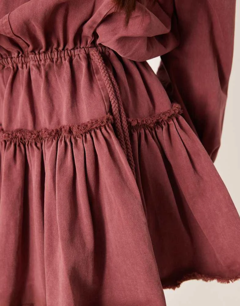 ASOS ASOS DESIGN long sleeve blouson tie waist mini shirt dress in burgundy  - Shirts - Free Shipping - BeyondStyle