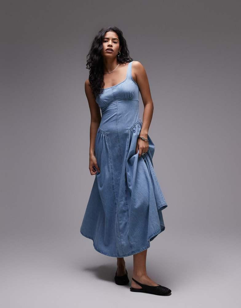 Topshop Topshop denim drop waist seamed midi dress in bleach