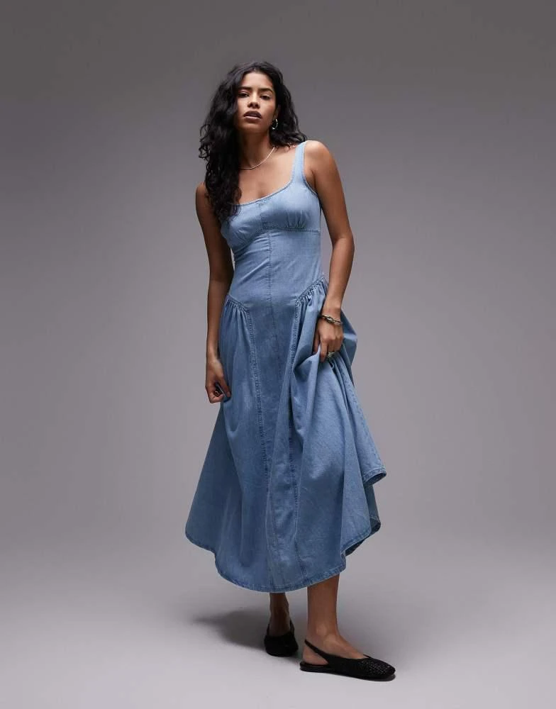 Topshop Topshop denim drop waist seamed midi dress in bleach 1