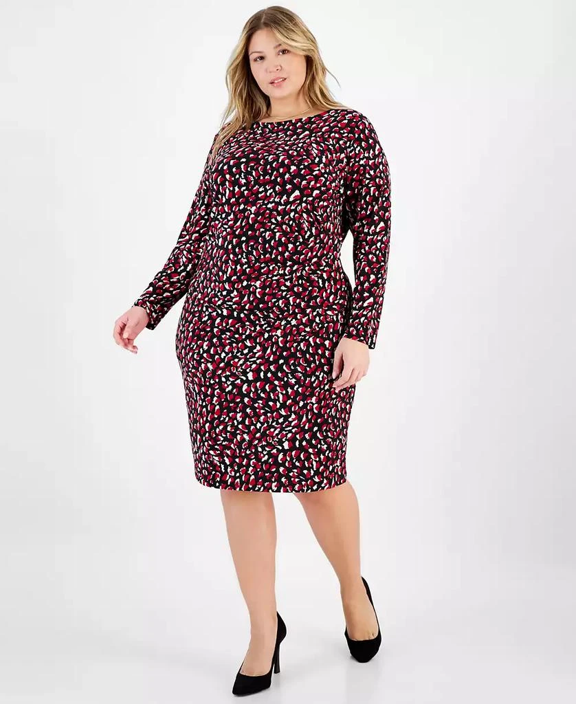 Kasper Plus Size Printed Boat-Neck Long-Sleeve Dress 1