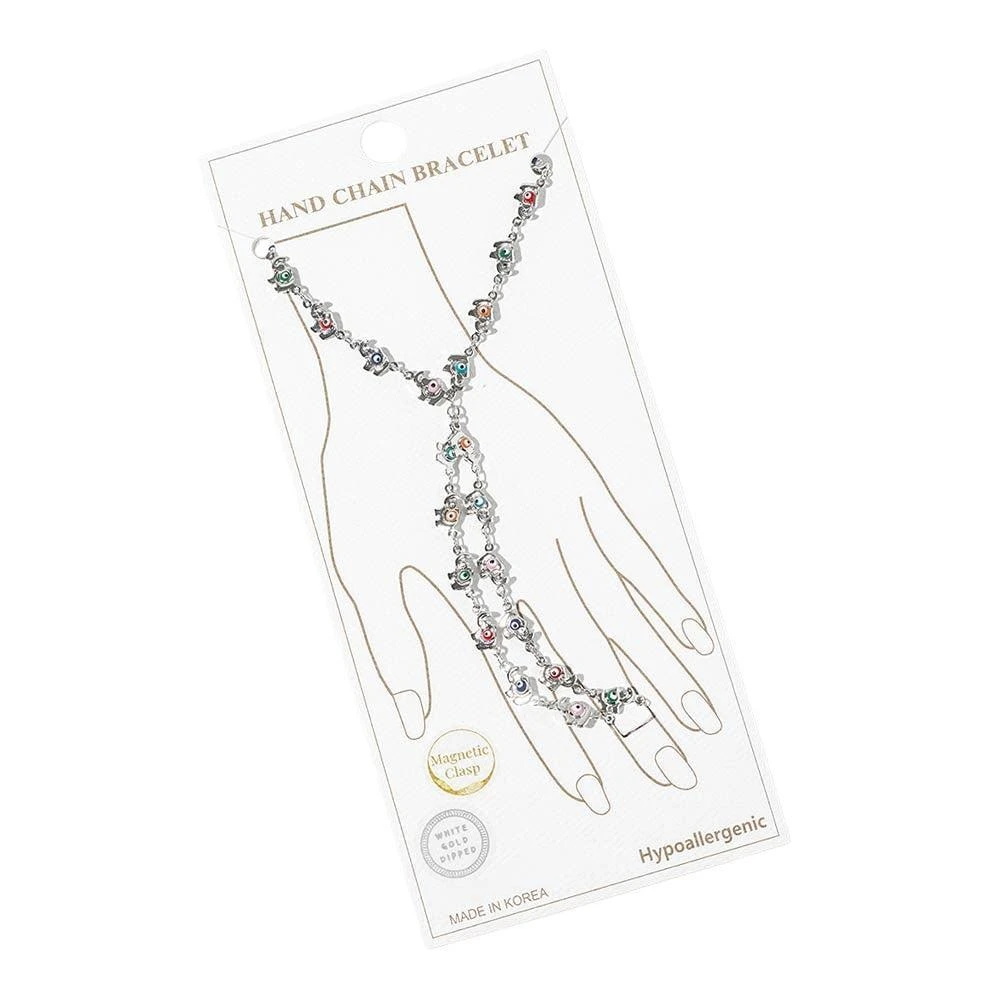 FASHNZFAB White Gold Dipped Elephant Evil Eye Charm Link Hand Chain Magnetic Bracelet 2