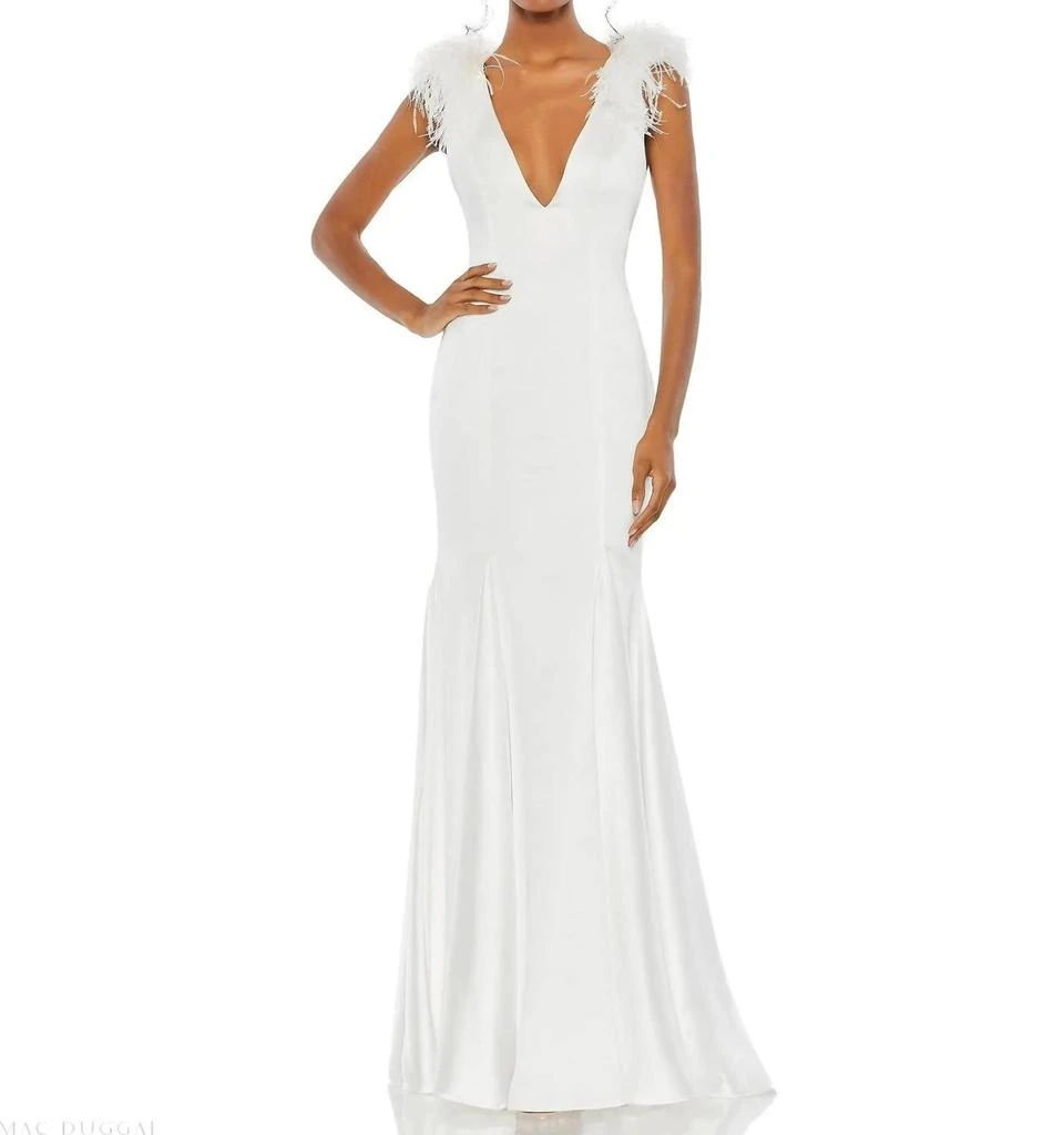 Mac Duggal Mac Duggal - Women's Satin Feather Shoulder V Neck Gown