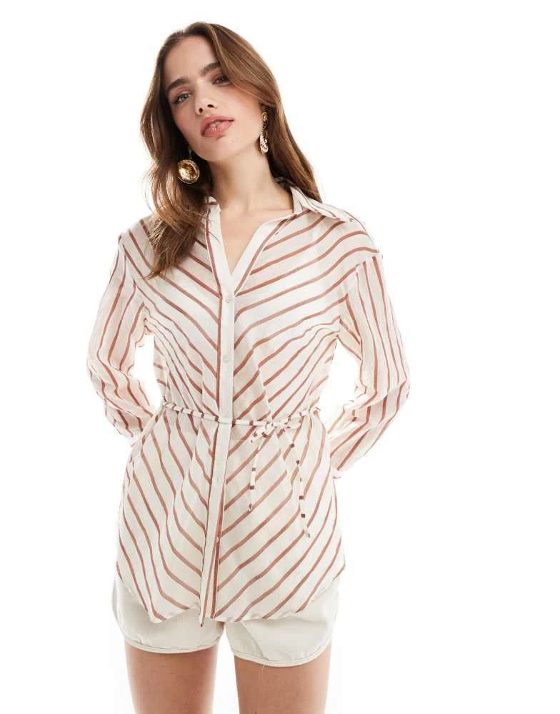Mango Mango tie front stripe shirt in light brown 1