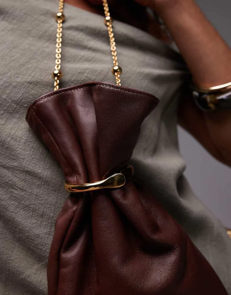 Mango Mango featuring Kaia Gerber real leather pouch bag with beaded handle in dark brown 3