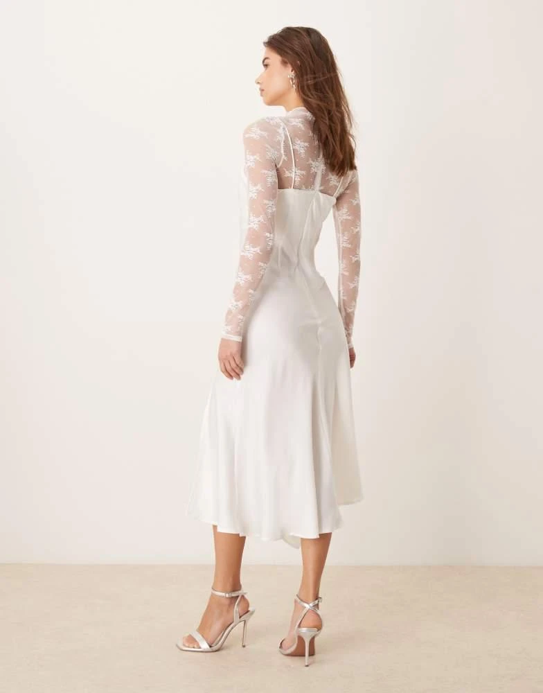 YAS YAS long sleeve lace underlay cami satin dress in gardenia white 4