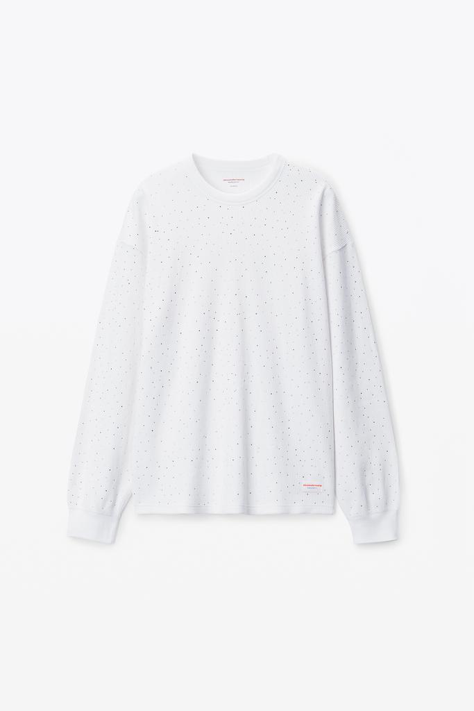 Alexander Wang Crystal Hotfix Crewneck Long-Sleeve Tee in Waffle Knit