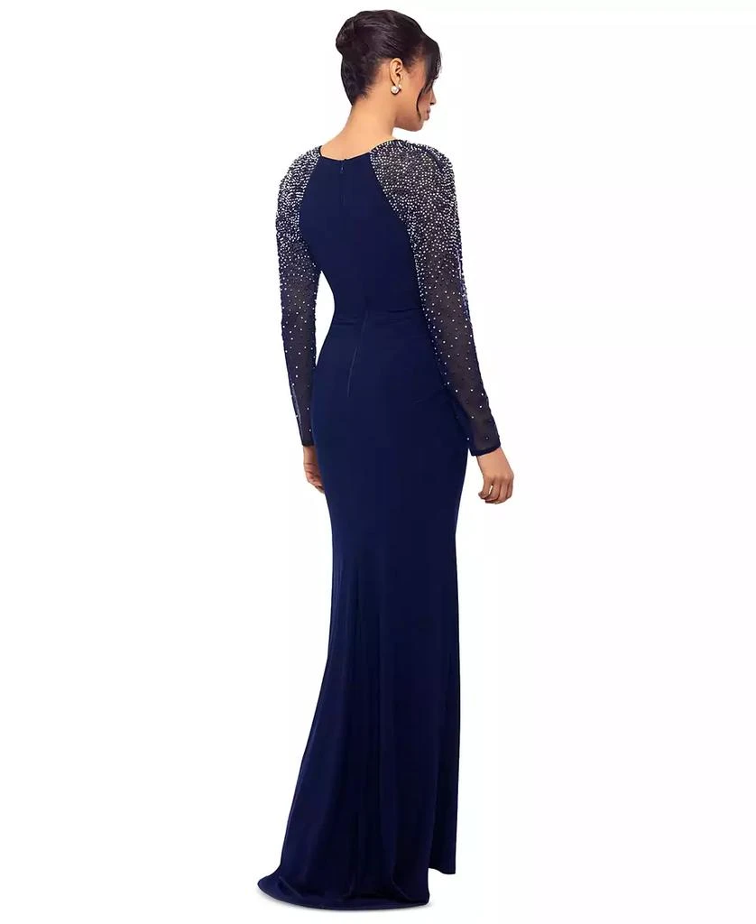 Betsy & Adam Petite Mesh-Sleeve V-Neck Evening Gown 2