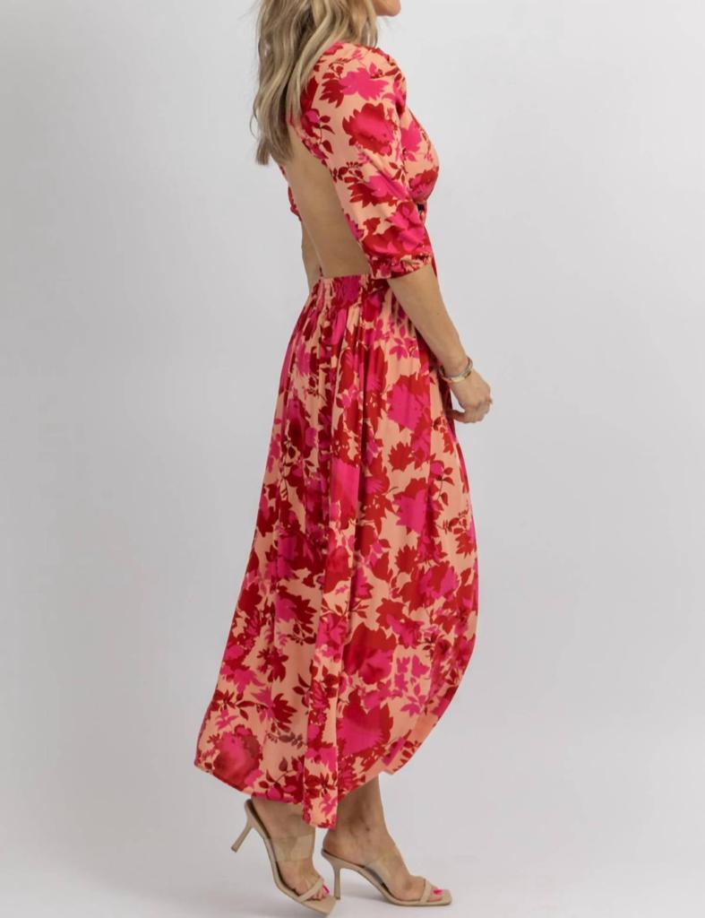 SUNDAYUP Cutout Cross Midi Dress In Hot Pink Floral