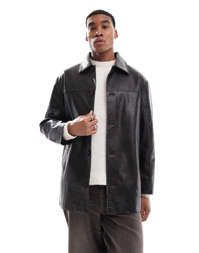 Bershka Bershka faux leather long cut jacket in black