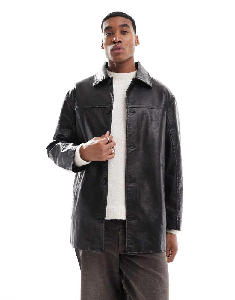 Bershka Bershka faux leather long cut jacket in black 1