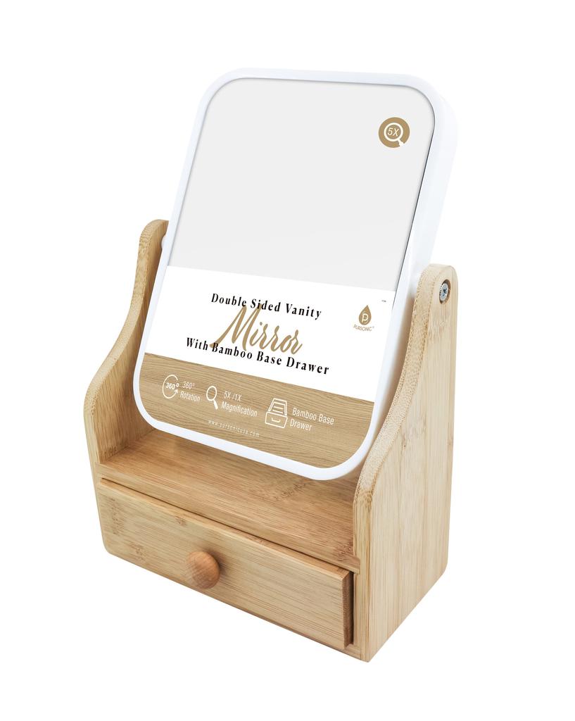 PURSONIC Dual-Sided Vanity Mirror with Bamboo Drawer Base