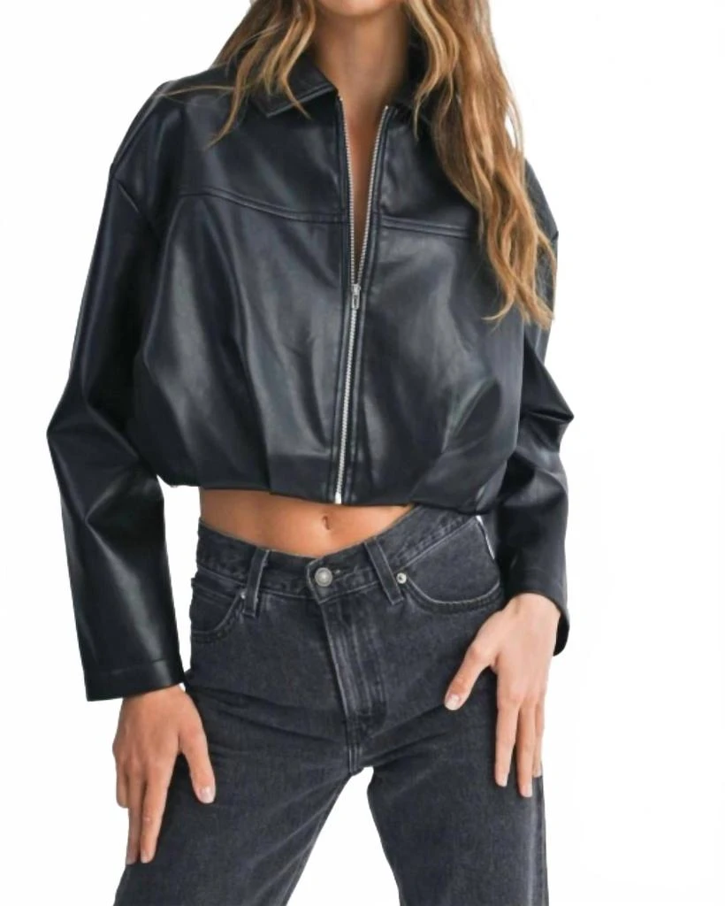 MABLE Faux Leather Pleated Bubble Hem Cropped Jacket In Black 2