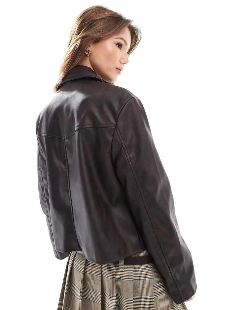 ASOS ASOS DESIGN leather look top collar jacket in washed brown 4