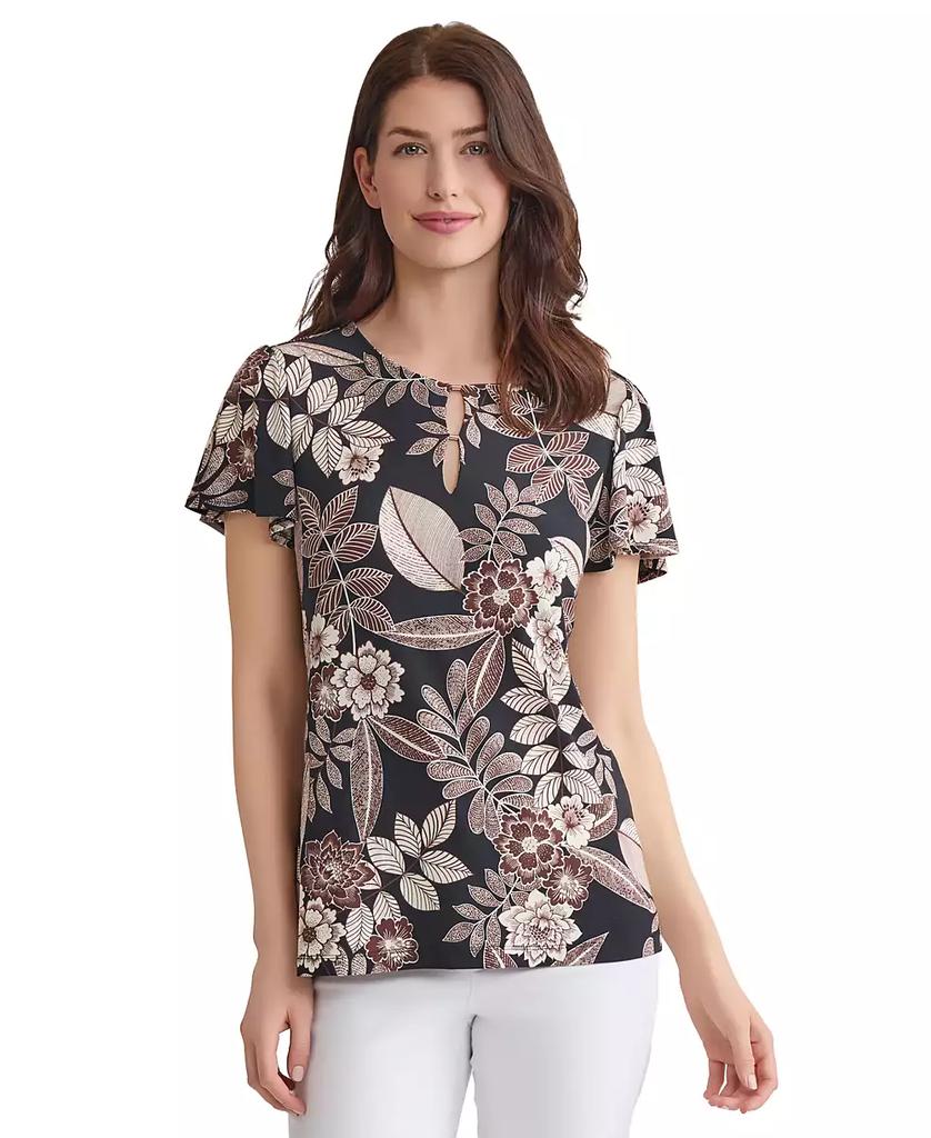 JONES NEW YORK Women's Printed Embellished-Neck Flutter-Sleeve Top