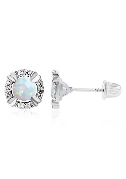 LULEA Lab Created Sterling Silver Rhodium 4mm Round Created Opal 
1mm Created White Sapphire Halo Screwback Earrings 2