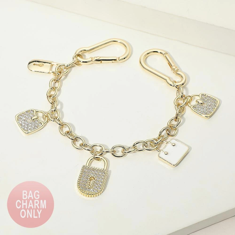 FASHNZFAB 14K Gold Plated CZ Pave Padlock Handbag Charm Station Bag Chain