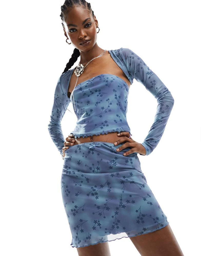 Daisy Street Daisy Street bow detail mini skirt in blue floral mesh co-ord 4