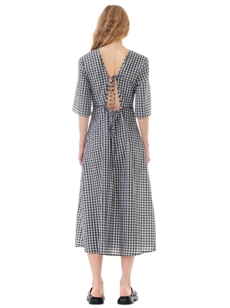 Ganni Seersucker Check V-Neck Long Dress In Egret 2