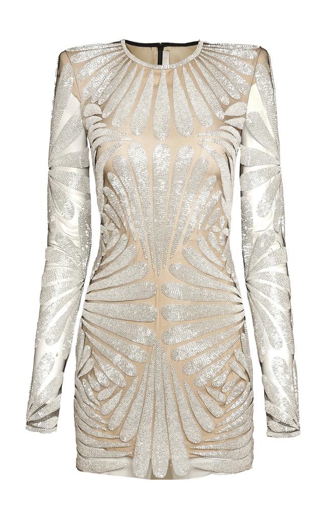Naeem Khan Naeem Khan - Beaded Jewel Neck Mini Dress With Long Sleeves - Silver - US 8 - Moda Operandi