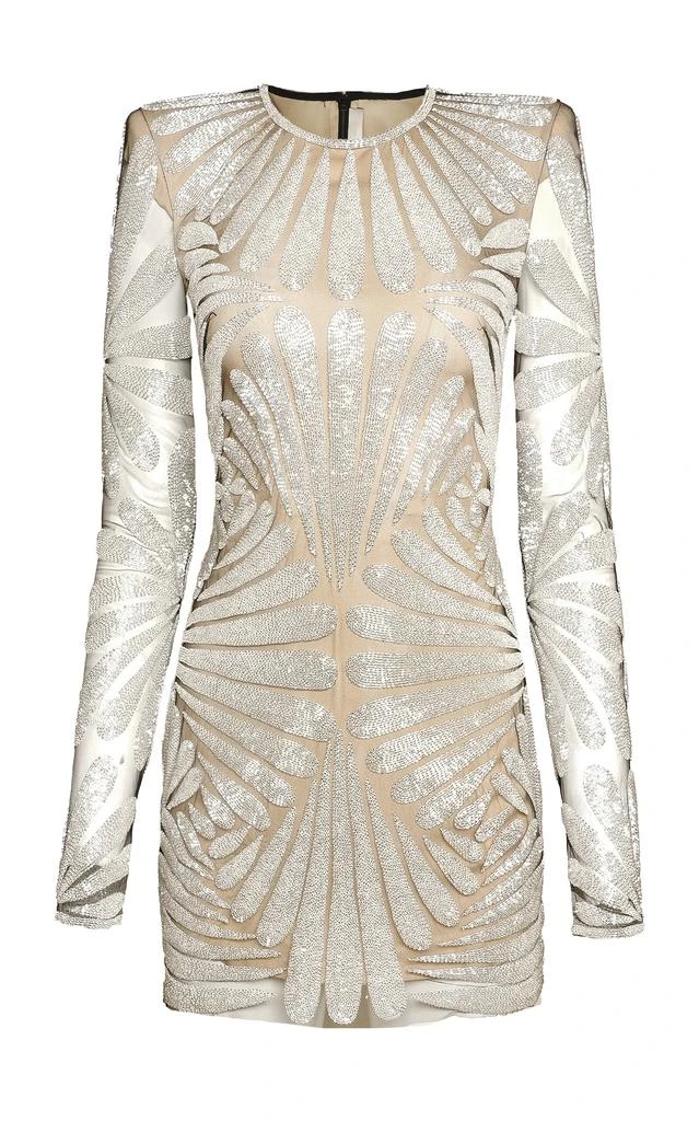 Naeem Khan Naeem Khan - Beaded Jewel Neck Mini Dress With Long Sleeves - Silver - US 8 - Moda Operandi 1