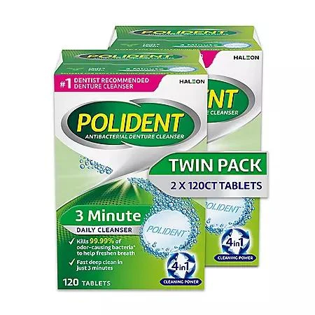 Polident Polident 3-Minute Triple-Mint Antibacterial Denture Cleanser, Effervescent Tablets, 120 ct., 2 pk. 1