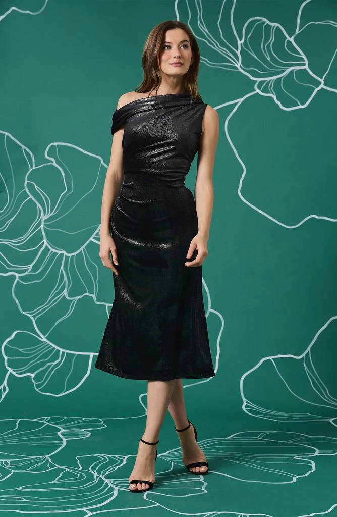 Maggy London One-Shoulder Glitter Ruched Jersey Midi Cocktail Dress 5