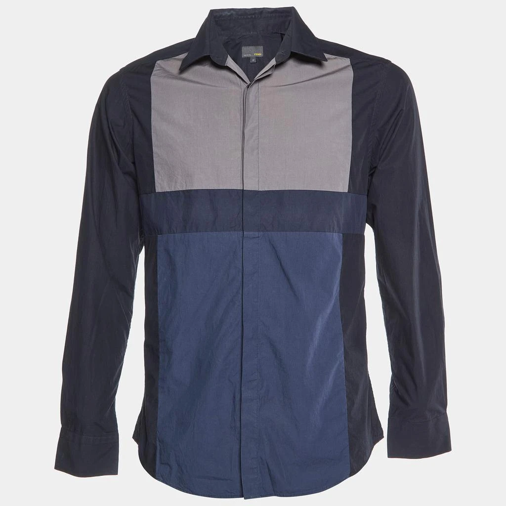Fendi Fendi Navy Blue Colorblock Pattern Cotton Buttoned Up Shirt M 1