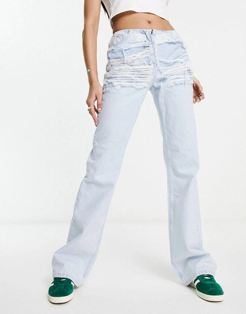 COLLUSION COLLUSION x008 distressed waistband Y2K flare jeans in light blue 1