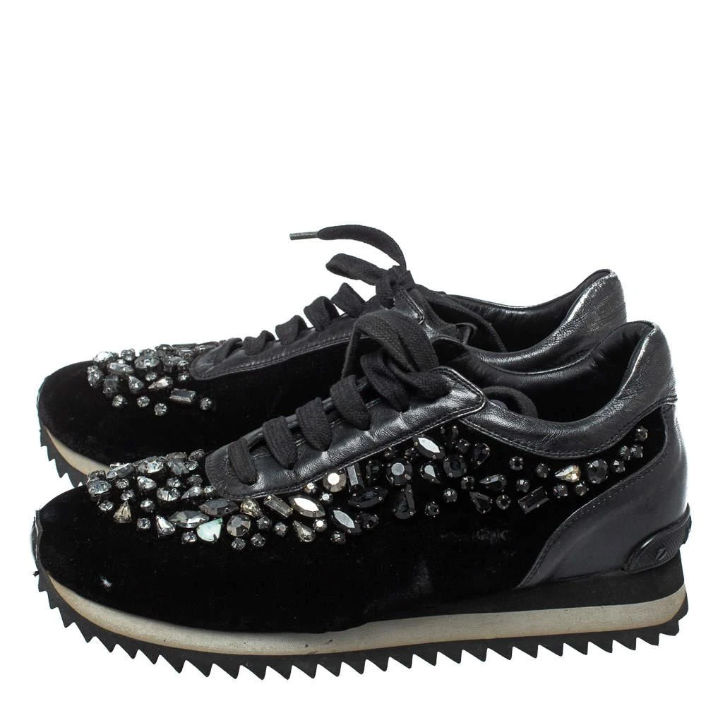 LE SILLA Le Silla Black Velvet and Leather Crystal Embellished Low Top  Sneakers Size 36.5 4