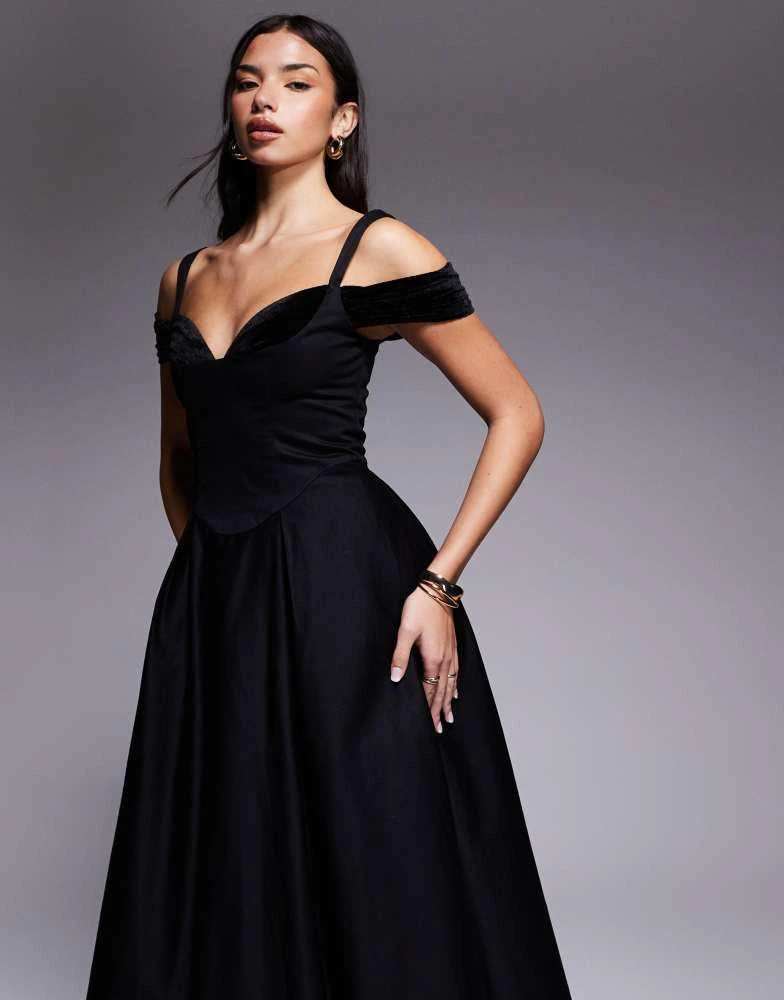 ASOS LUXE midi dress with full skirt and velvet inserts in Black ASOS LUXE midi dress with full skirt and velvet inserts in Black