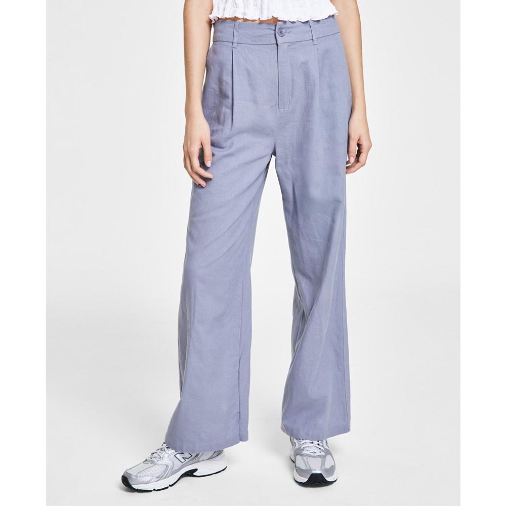 Rewash Juniors' High-Rise Linen Wide-Leg Pleat-Front Trouser Pants